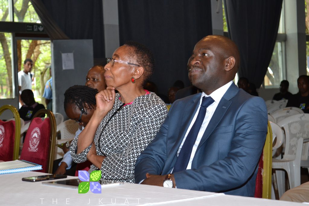 Calvin Kebati with the then Deputy Vice Chancellor (Research, Production & Extension), Prof. Esther Kahangi at a Tech Expo event.