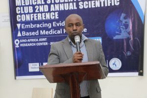 Dr. Patrick Mburugu, Chief Medical Officer, JKUAT addresses the Medical students at the its 2nd Annual Scientific Conference, JKUMREC Conference